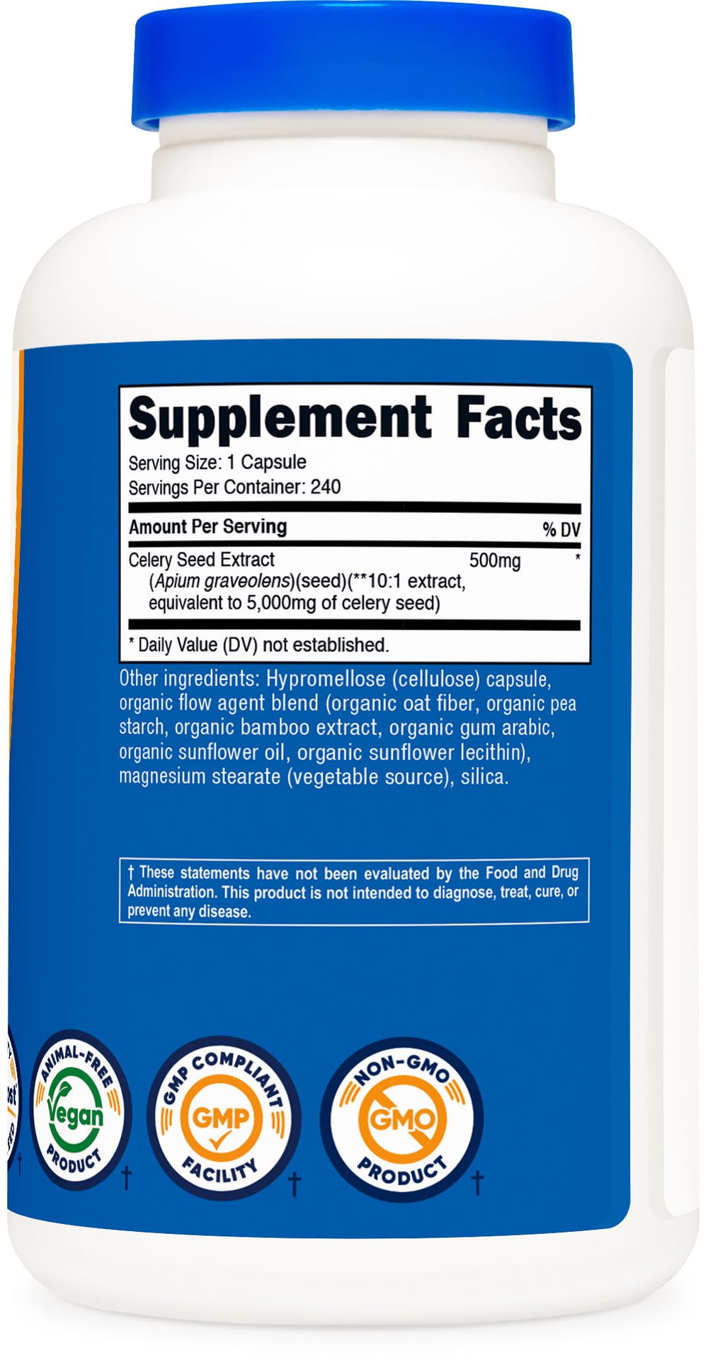 Nutricost Celery Seed on shelf display highlighting vegan and gluten-free quality
