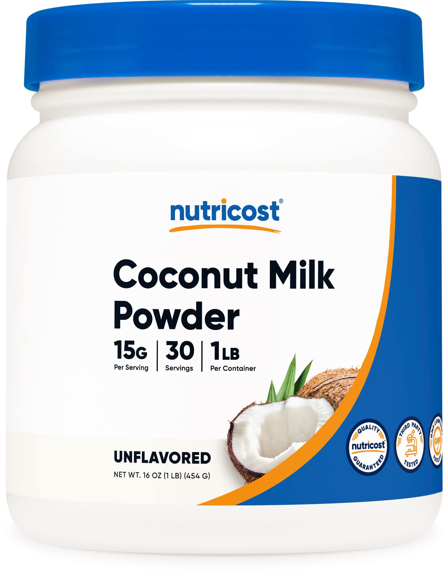 Nutricost Coconut Milk Powder packaging image shows a 1lb container for curry and smoothies
