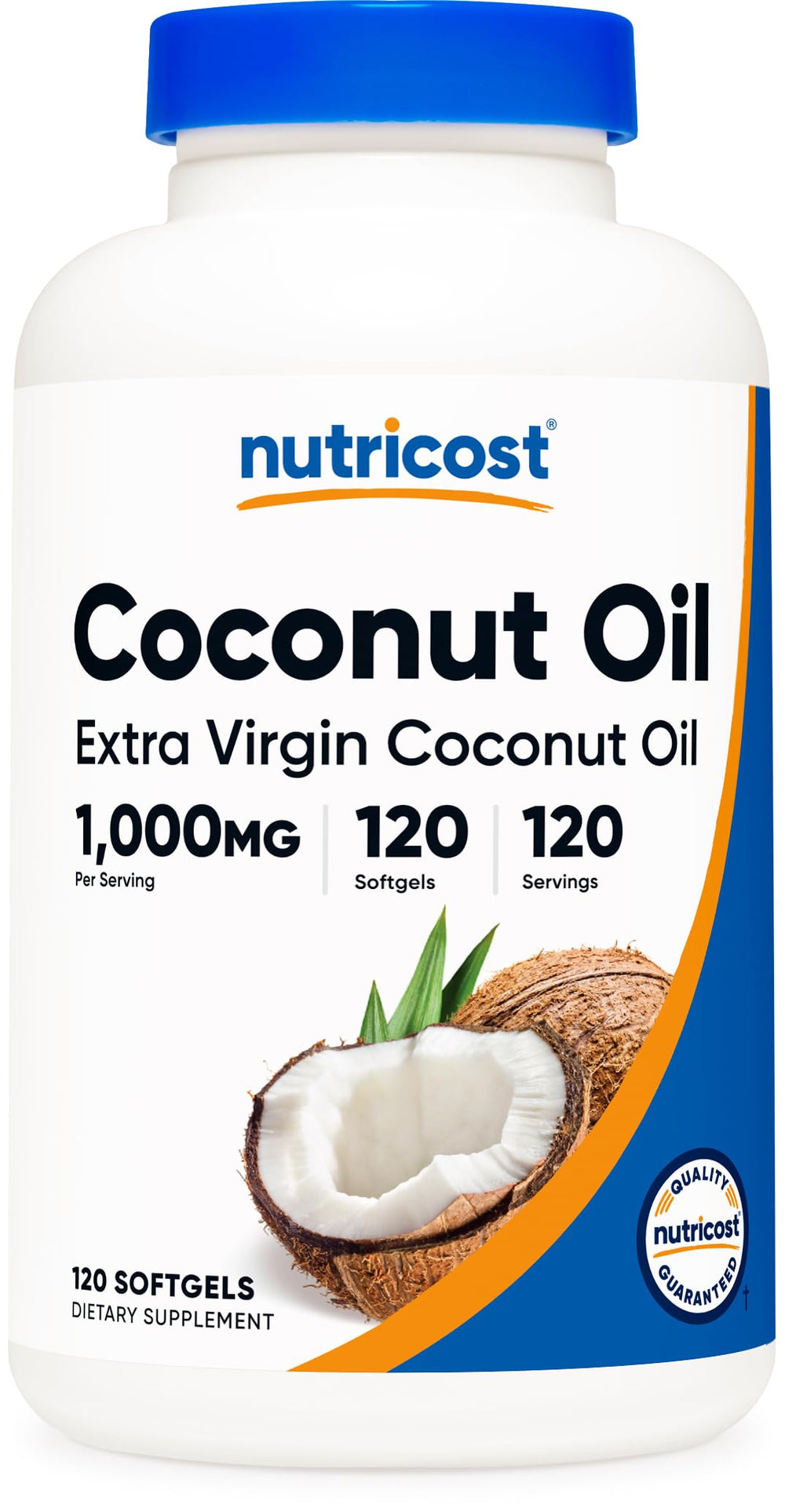 Nutricost coconut oil softgels bottle showing 1000mg per serving for daily use