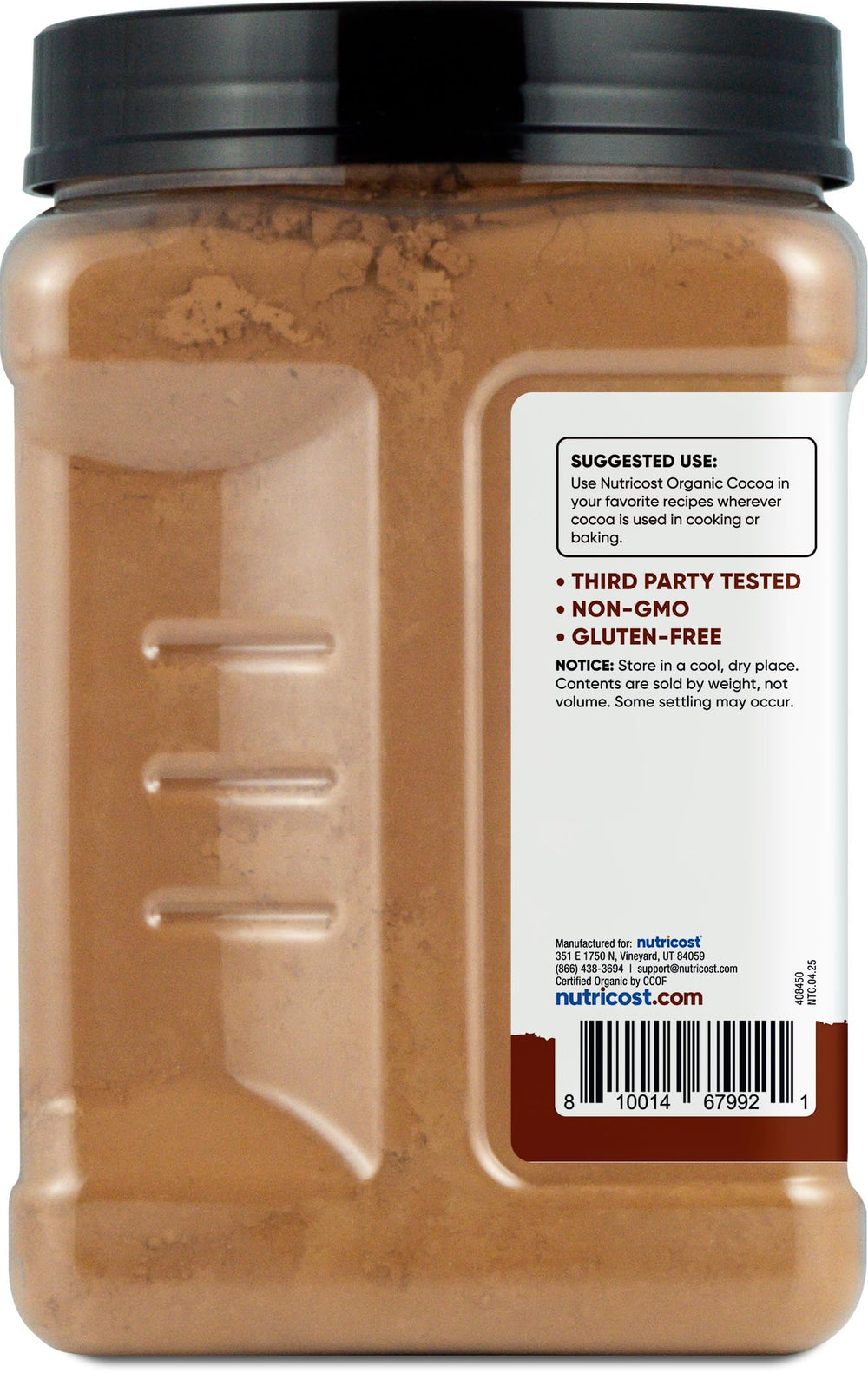 Nutricost gluten-free vegan label emphasizing dietary-friendly cocoa powder.