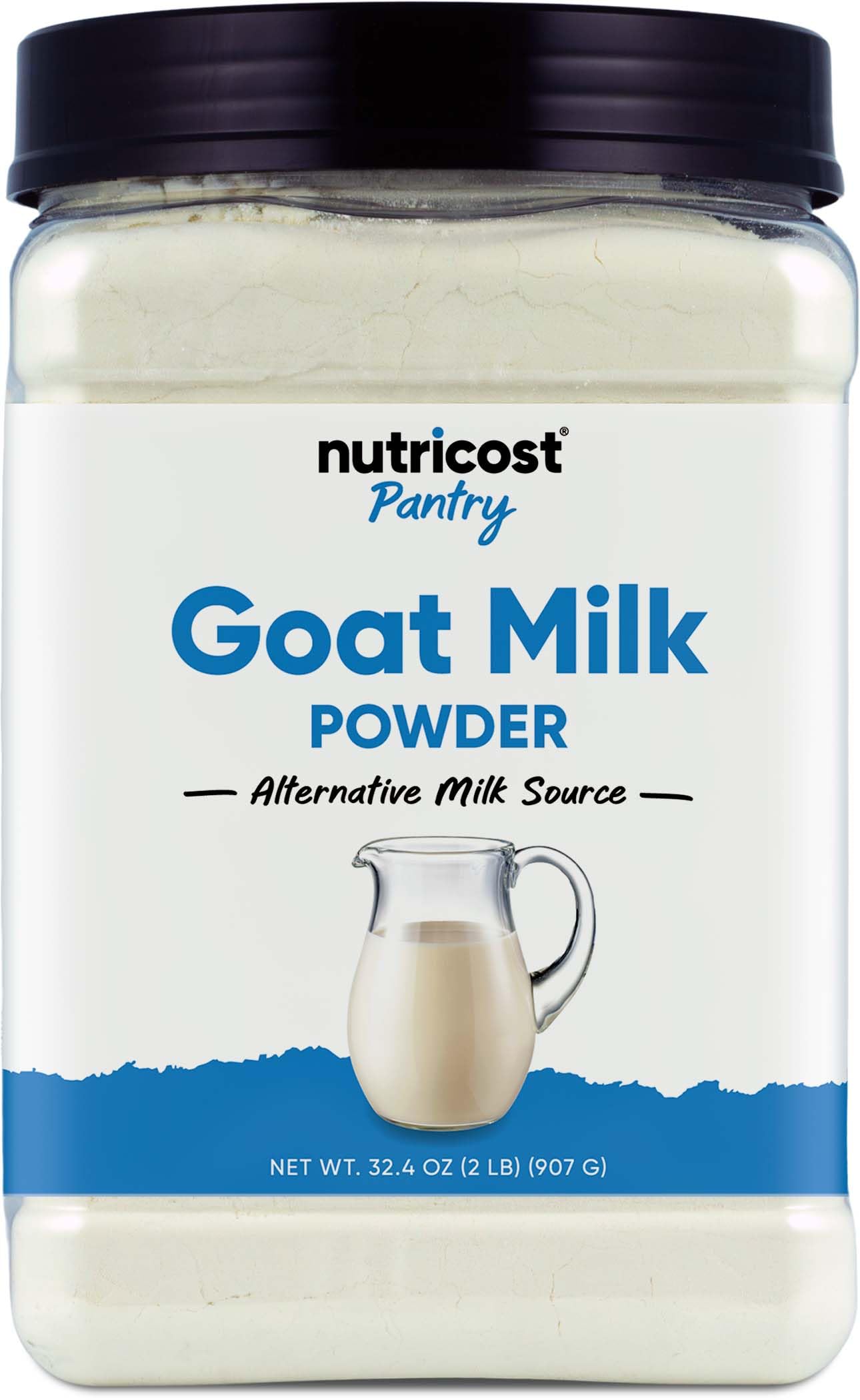 Nutricost Goat Milk Powder 2 lb container with scoop for quick, creamy drinks.