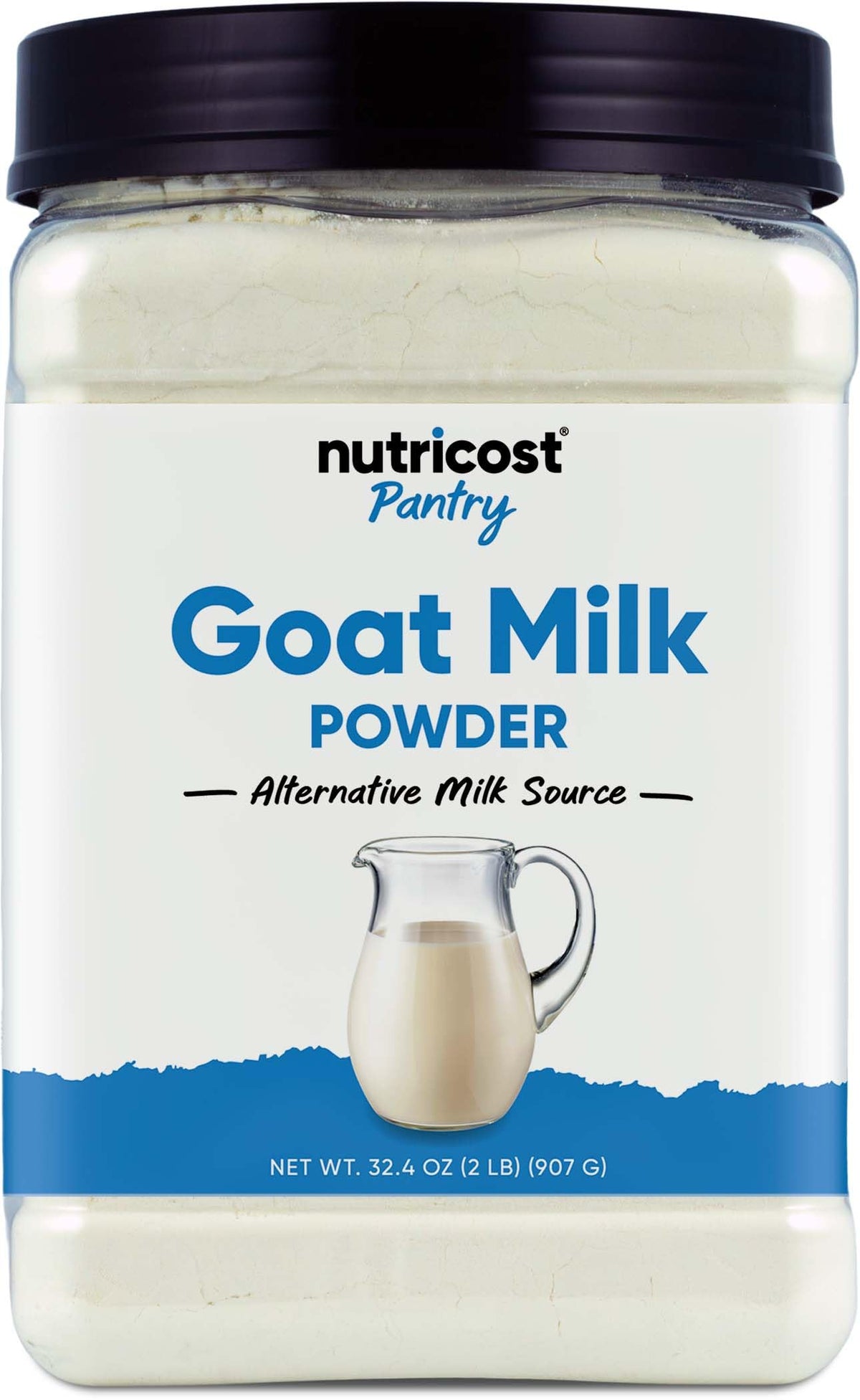 Nutricost Goat Milk Powder 2 lb container with scoop for quick, creamy drinks.