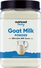 Nutricost Goat Milk Powder 2 lb container with scoop for quick, creamy drinks.