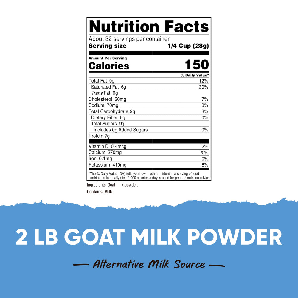 Nutricost Goat Milk Powder 2 lb beside a glass showing a smooth, dairy-forward drink.