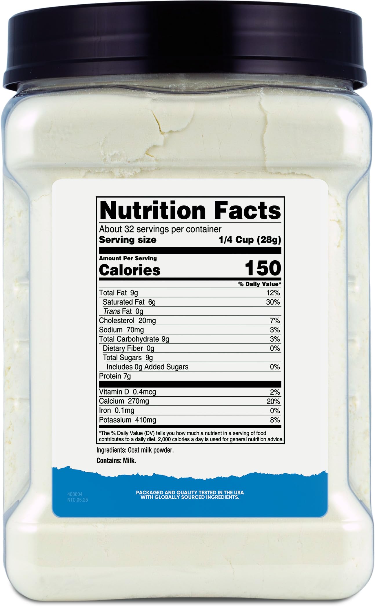 Close-up of Nutricost Goat Milk Powder nutrition label highlighting non-GMO and gluten-free.