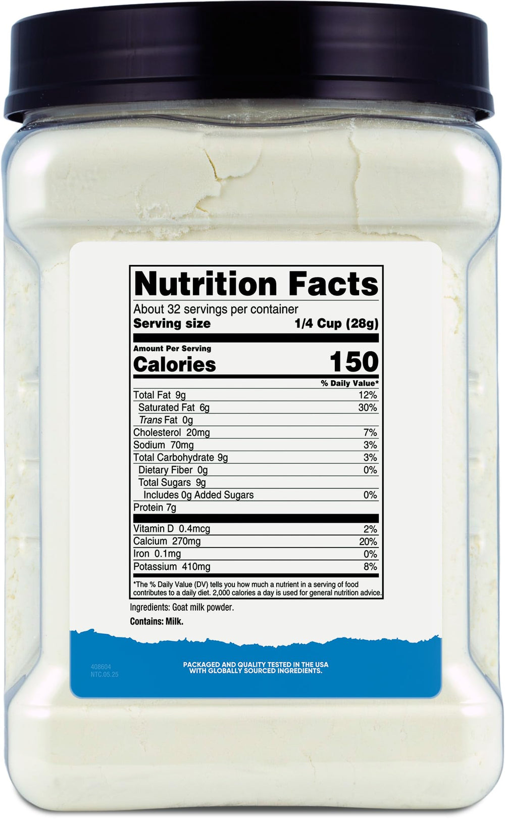 Close-up of Nutricost Goat Milk Powder nutrition label highlighting non-GMO and gluten-free.