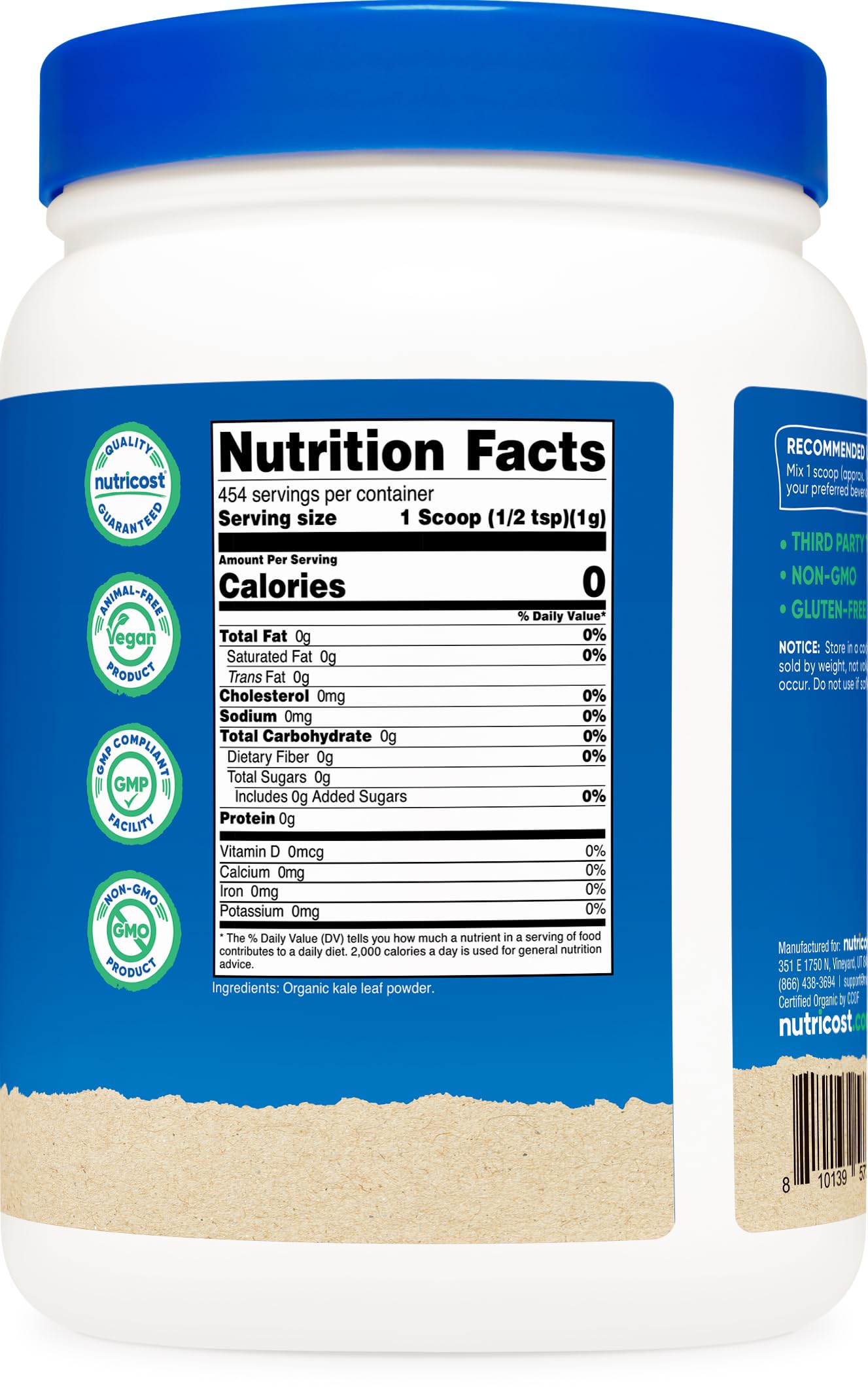 Nutricost kale powder packaging side view highlighting non GMO and gluten free