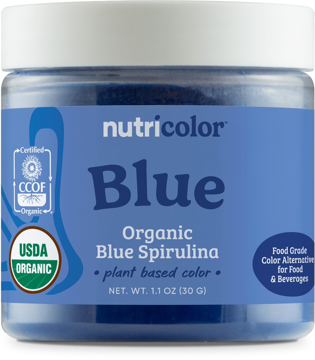 Nutricolor blue spirulina powder in bottle showing vibrant color