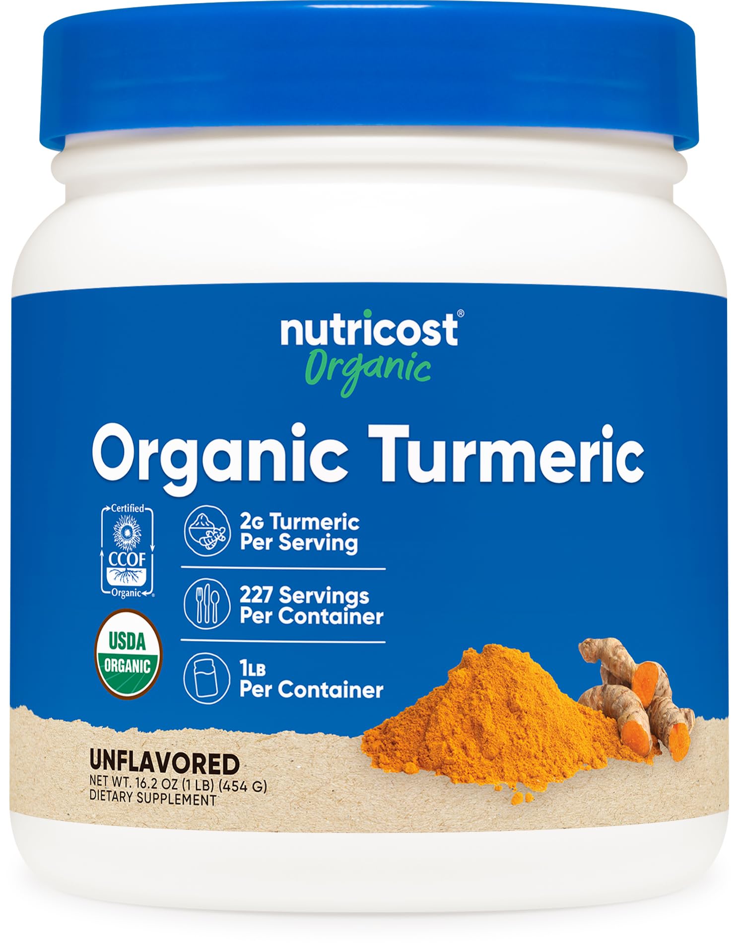 Nutricost Organic Turmeric Powder bottle on the counter, perfect for curries and sauces.