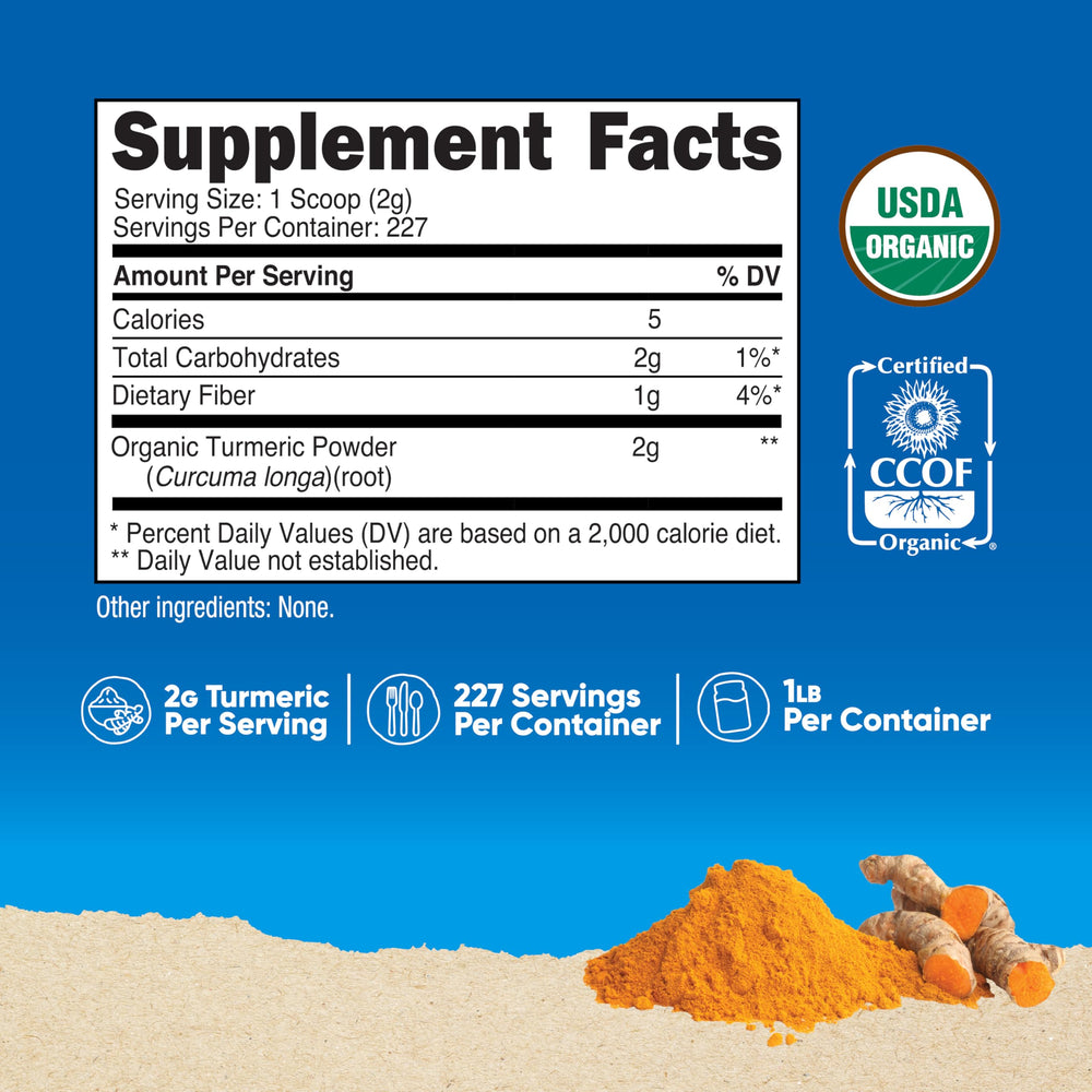 Nutricost turmeric powder on a measuring spoon, ready for smoothies and recipes.