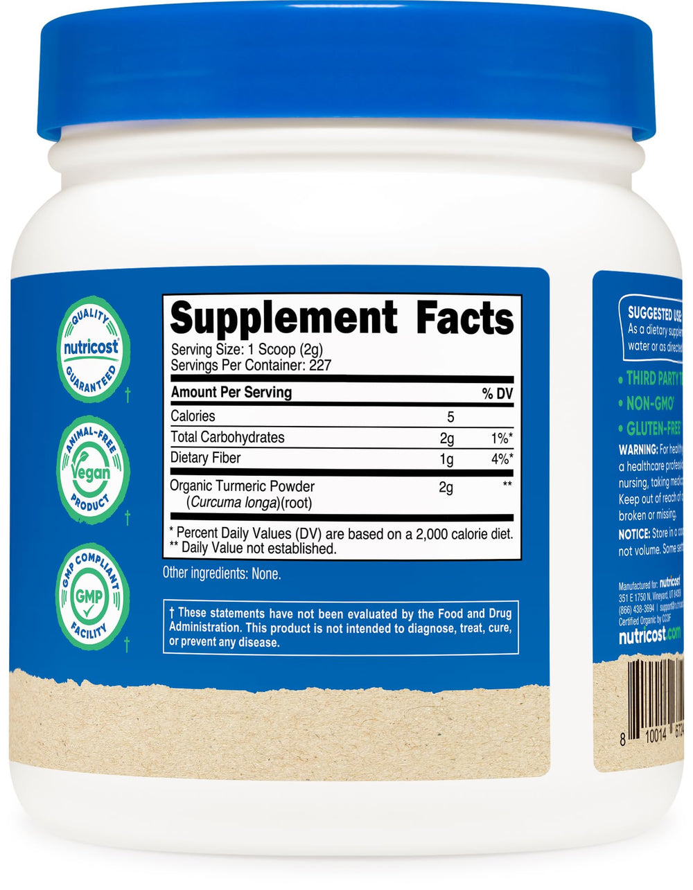 Nutricost turmeric powder beside a bright smoothie, a golden addition.