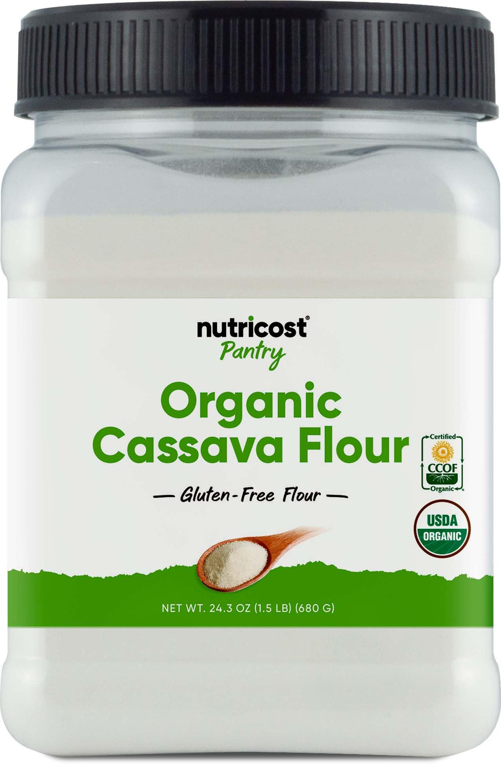 Nutricost Pantry Organic Cassava Flour bottle front, ideal for gluten-free baking
