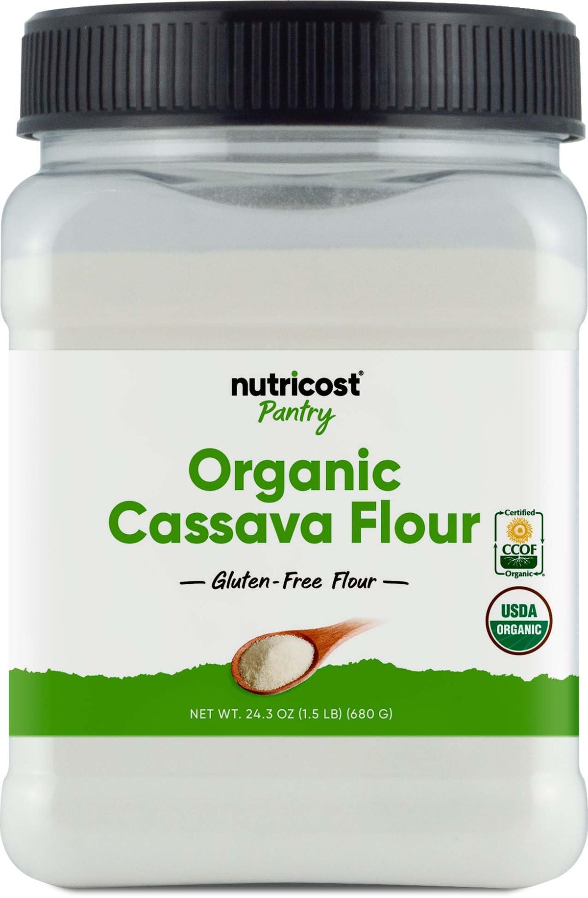 Nutricost Pantry Organic Cassava Flour bottle front, ideal for gluten-free baking
