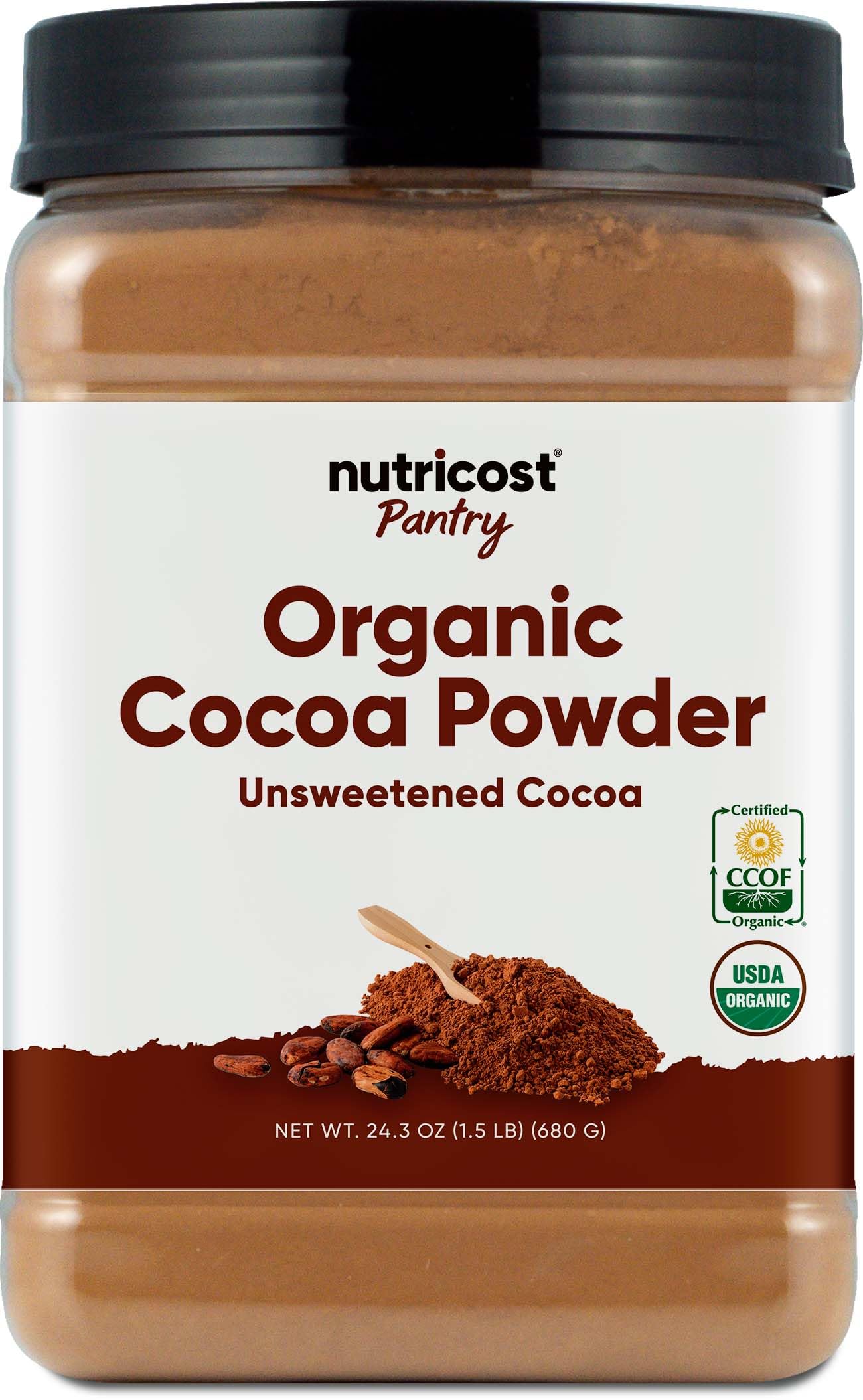 Nutricost organic cocoa powder bottle shows pure unsweetened cocoa ideal for baking and beverages.