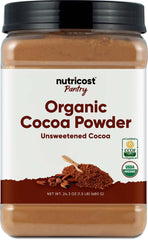 Nutricost organic cocoa powder bottle shows pure unsweetened cocoa ideal for baking and beverages.