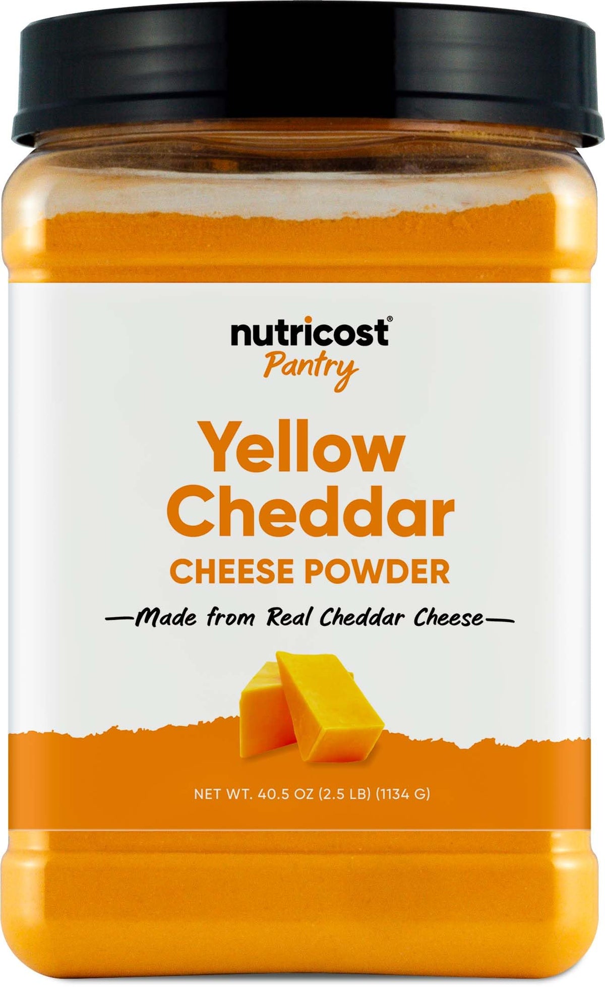 Nutricost Pantry Yellow Cheddar Cheese Powder bottle shows a 2.5 lb capacity for stocking.