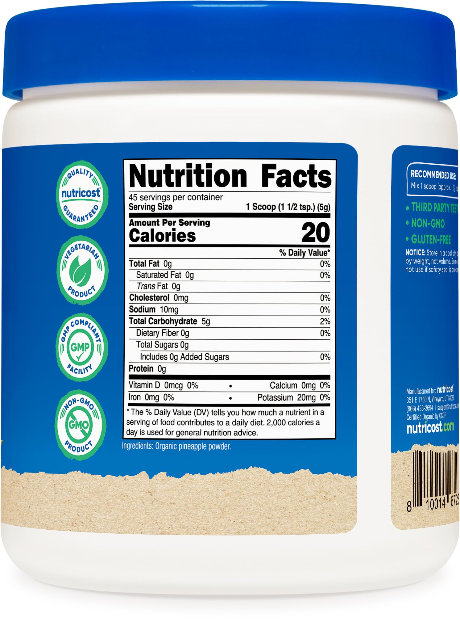 Nutricost Pineapple Powder packaging highlights USDA Organic and gluten-free attributes.