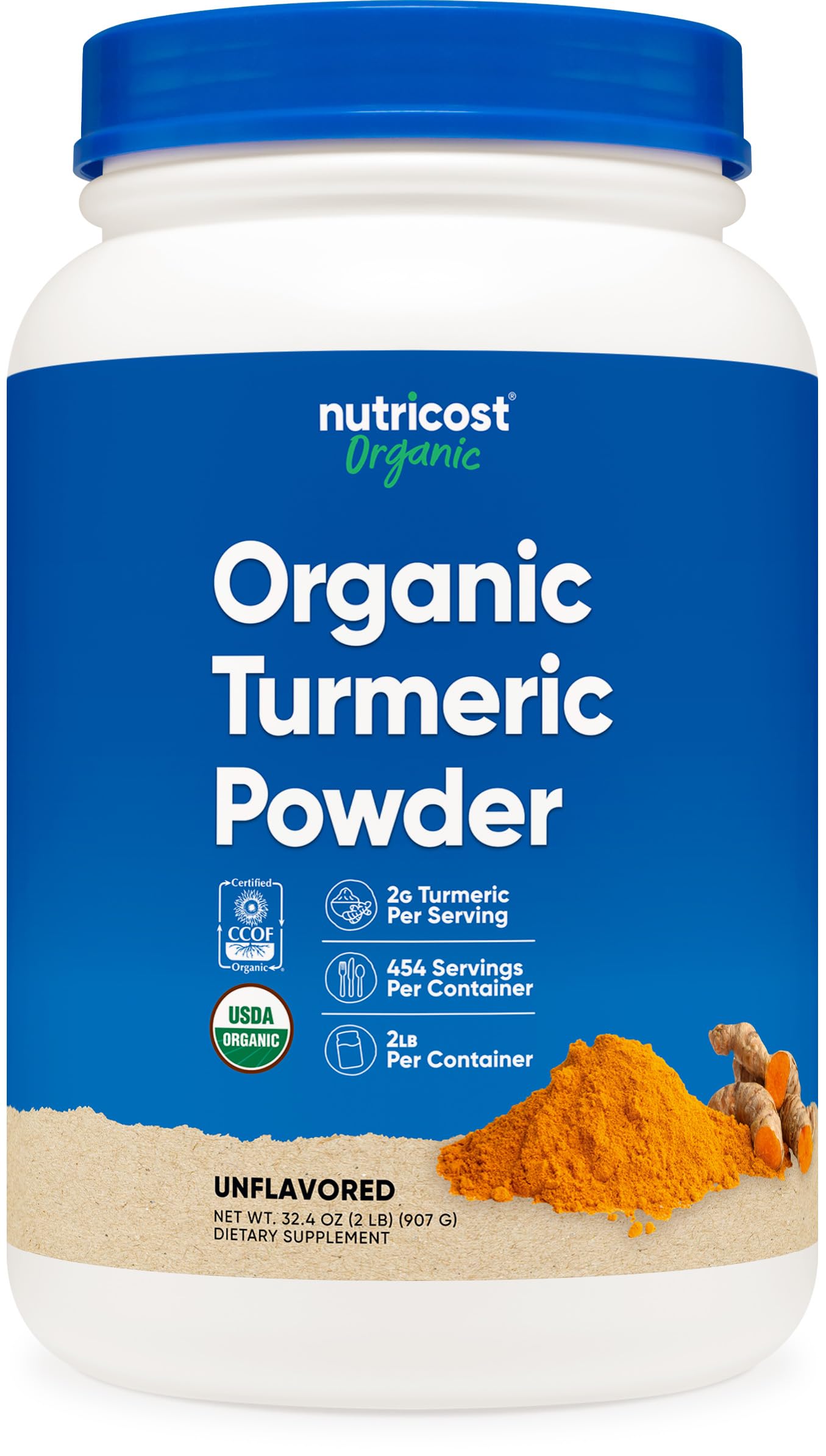 Nutricost turmeric powder jar reveals a rich aroma for cooking.
