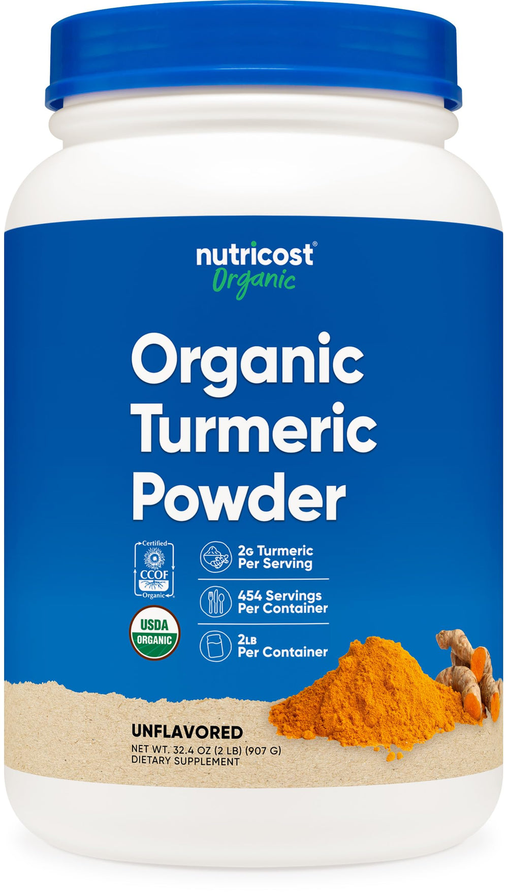 Nutricost turmeric powder jar reveals a rich aroma for cooking.