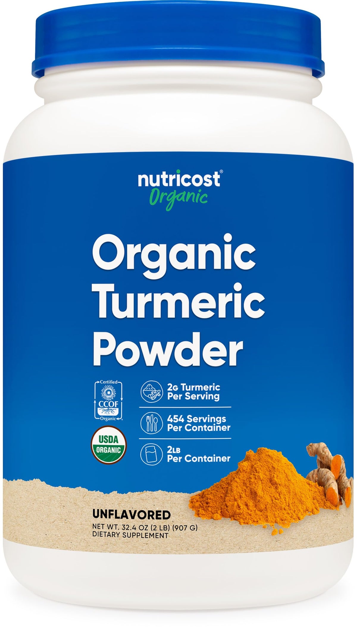 Nutricost turmeric powder jar reveals a rich aroma for cooking.