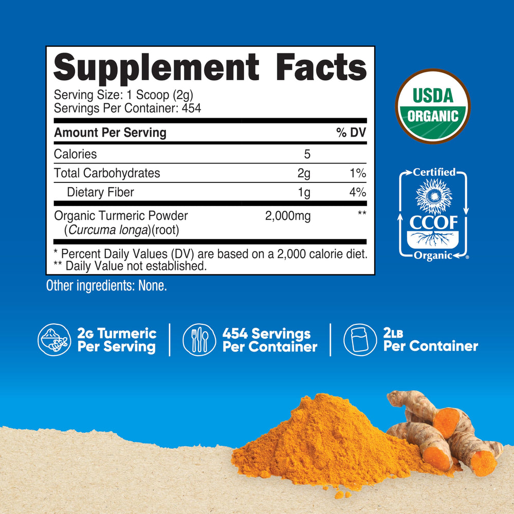 Nutricost organic turmeric powder label shows certified organic quality visible.