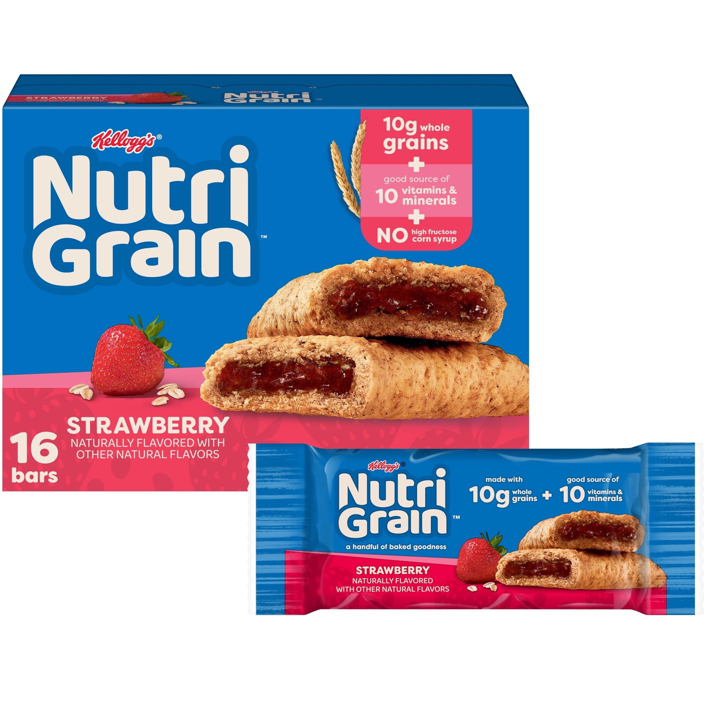 Nutri-Grain Breakfast Bars front pack showing 10g whole grains and strawberry flavor.