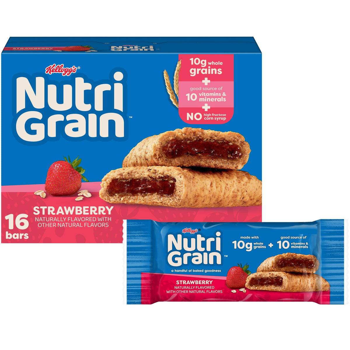 Nutri-Grain Breakfast Bars front pack showing 10g whole grains and strawberry flavor.