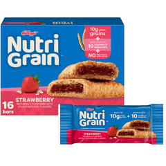 Nutri-Grain Breakfast Bars front pack showing 10g whole grains and strawberry flavor.