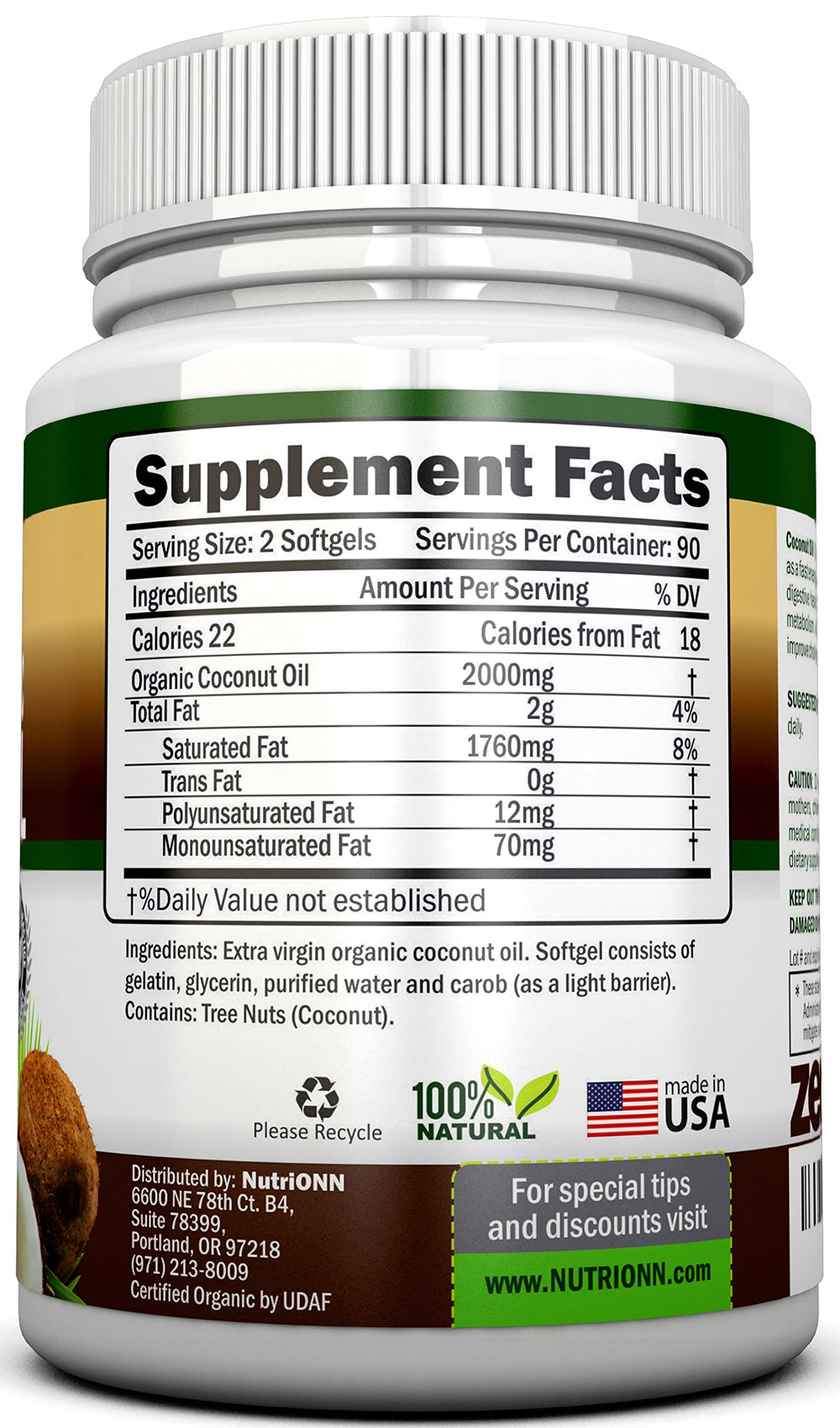 NutriONN coconut oil capsules close-up highlighting softgels and premium quality.