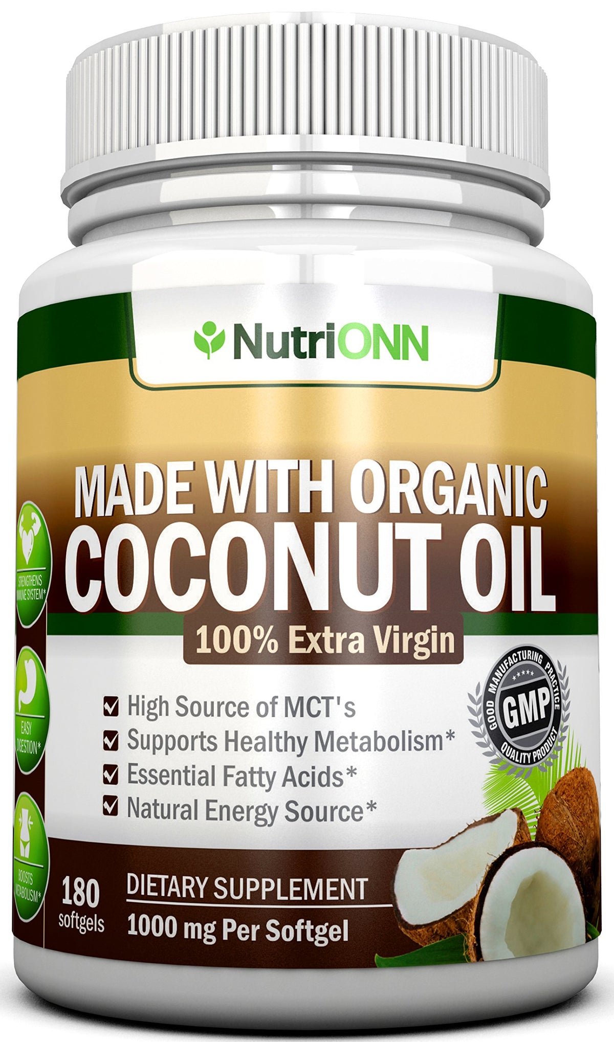 NutriONN Organic Coconut Oil Capsules bottle with 180 softgels for daily hair and skin care.