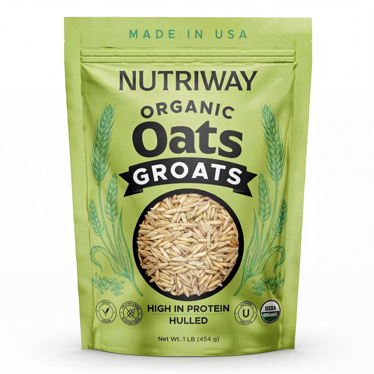 NUTRIWAY Organic Oat Groats front-pack; high-protein vegan staple for breakfast and meal prep
