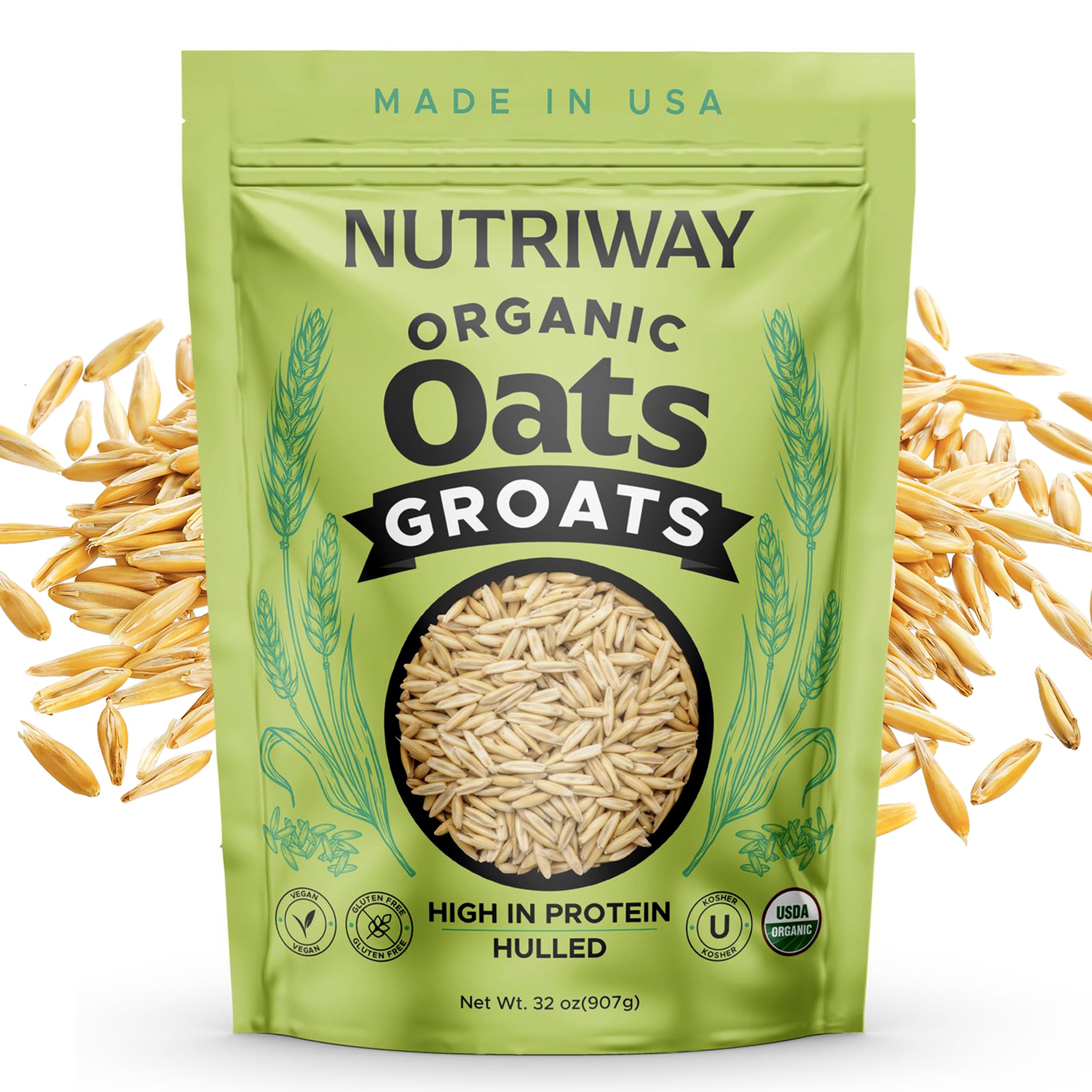 NUTRIWAY Organic Oat Groats pantry-ready package beside 1 lb and 5 lb options