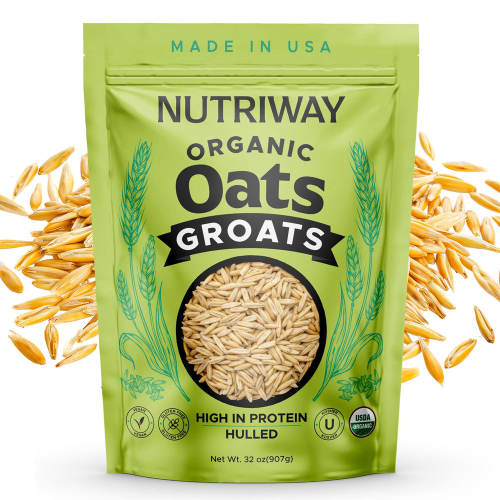 NUTRIWAY Organic Oat Groats pantry-ready package beside 1 lb and 5 lb options