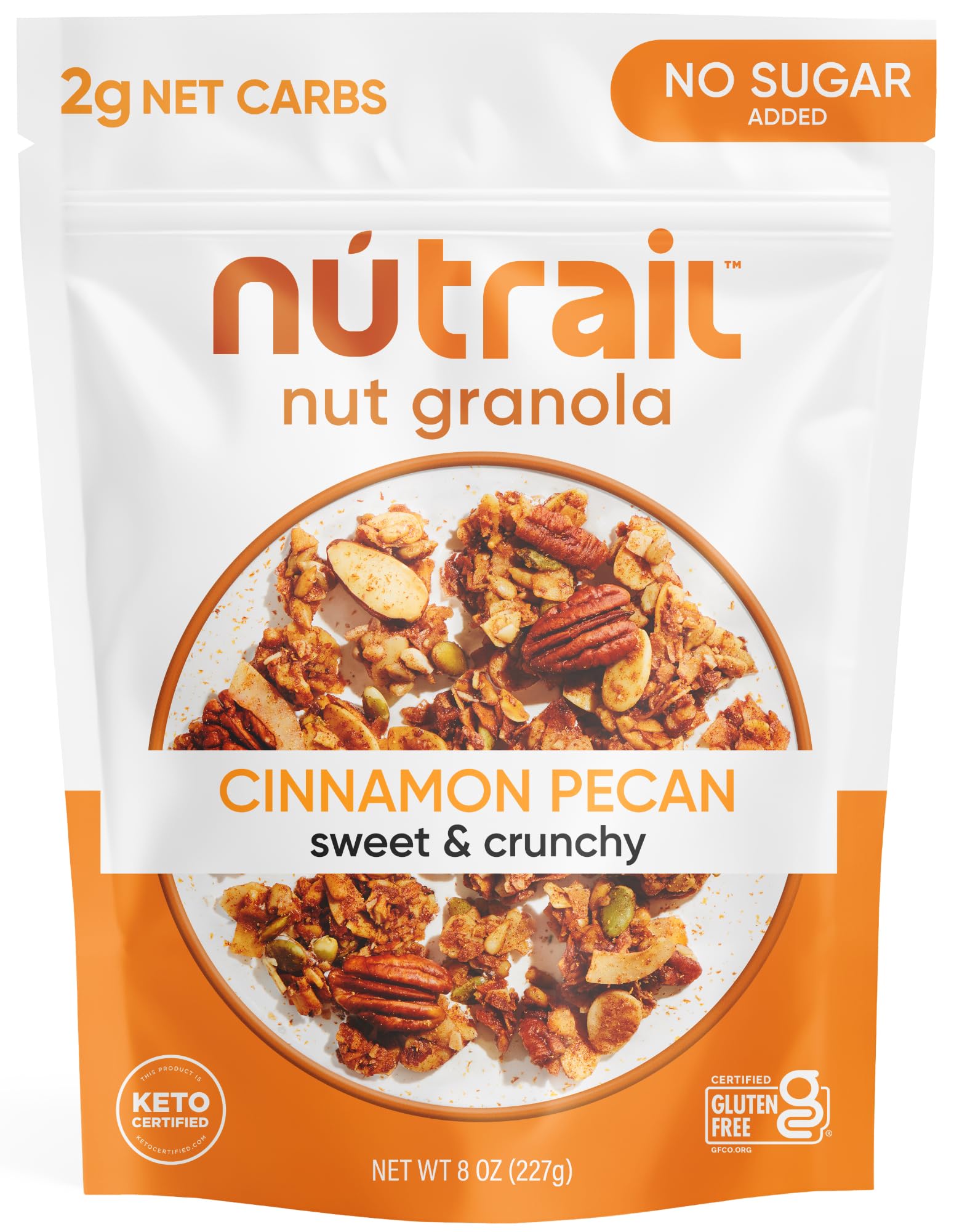 NuTrail Nut Granola Cinnamon Pecan bag – gluten-free, low-carb breakfast option.