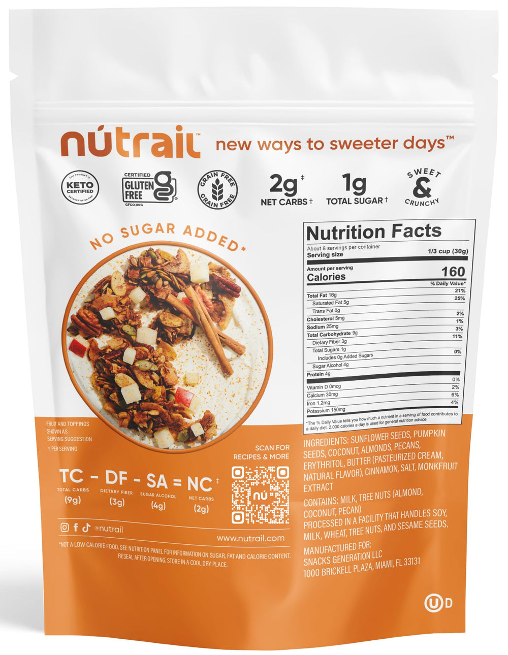 NuTrail Nut Granola Cinnamon Pecan serving – convenient on-the-go snack.
