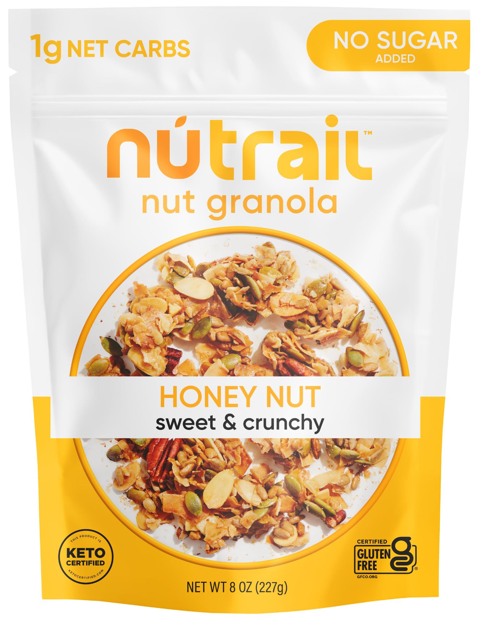 NuTrail Nut Granola Honey Nut bag front, ideal for quick keto breakfast