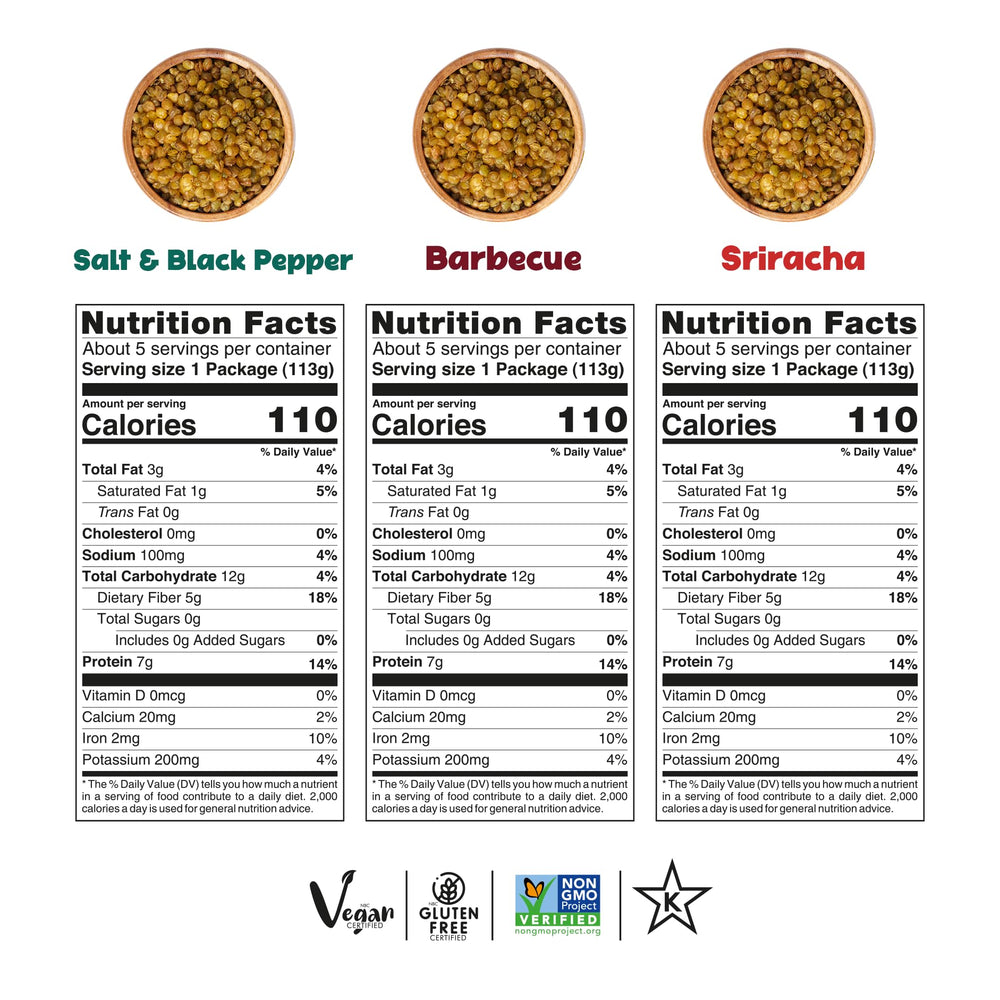 Nutruit roasted lentil snacks in Sriracha flavor for a spicy, gluten-free bite.