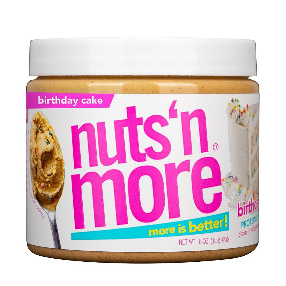 Nuts 'N More Birthday Cake Peanut Butter Spread jar emphasizes protein-rich indulgence