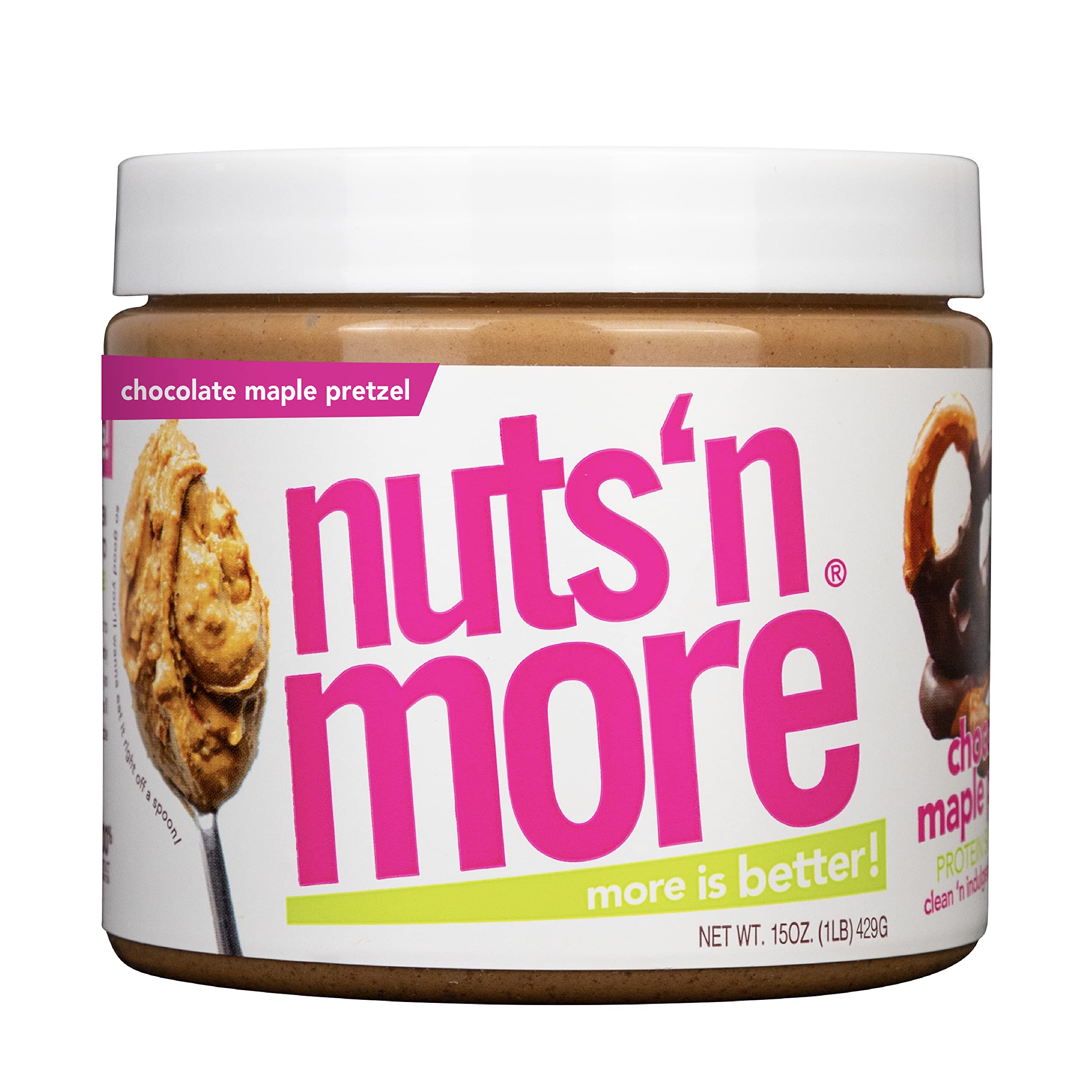 Nuts N More chocolate maple pretzel peanut butter spread jar, high-protein snack option.