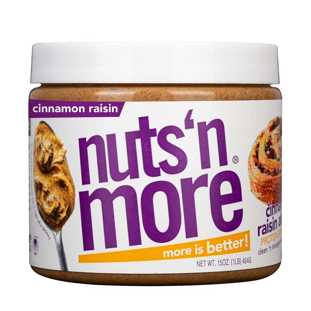 Nuts 'N More Cinnamon Raisin Almond Butter jar showing protein-rich spread