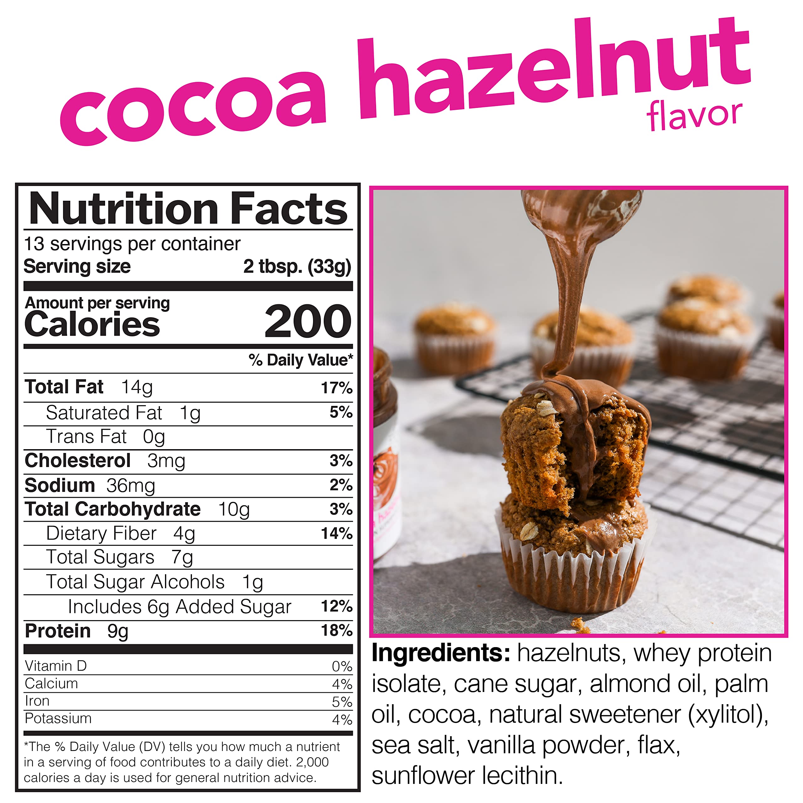 Nuts 'N More Cocoa Hazelnut Butter Spread spoon suggests versatile, convenient snacking.