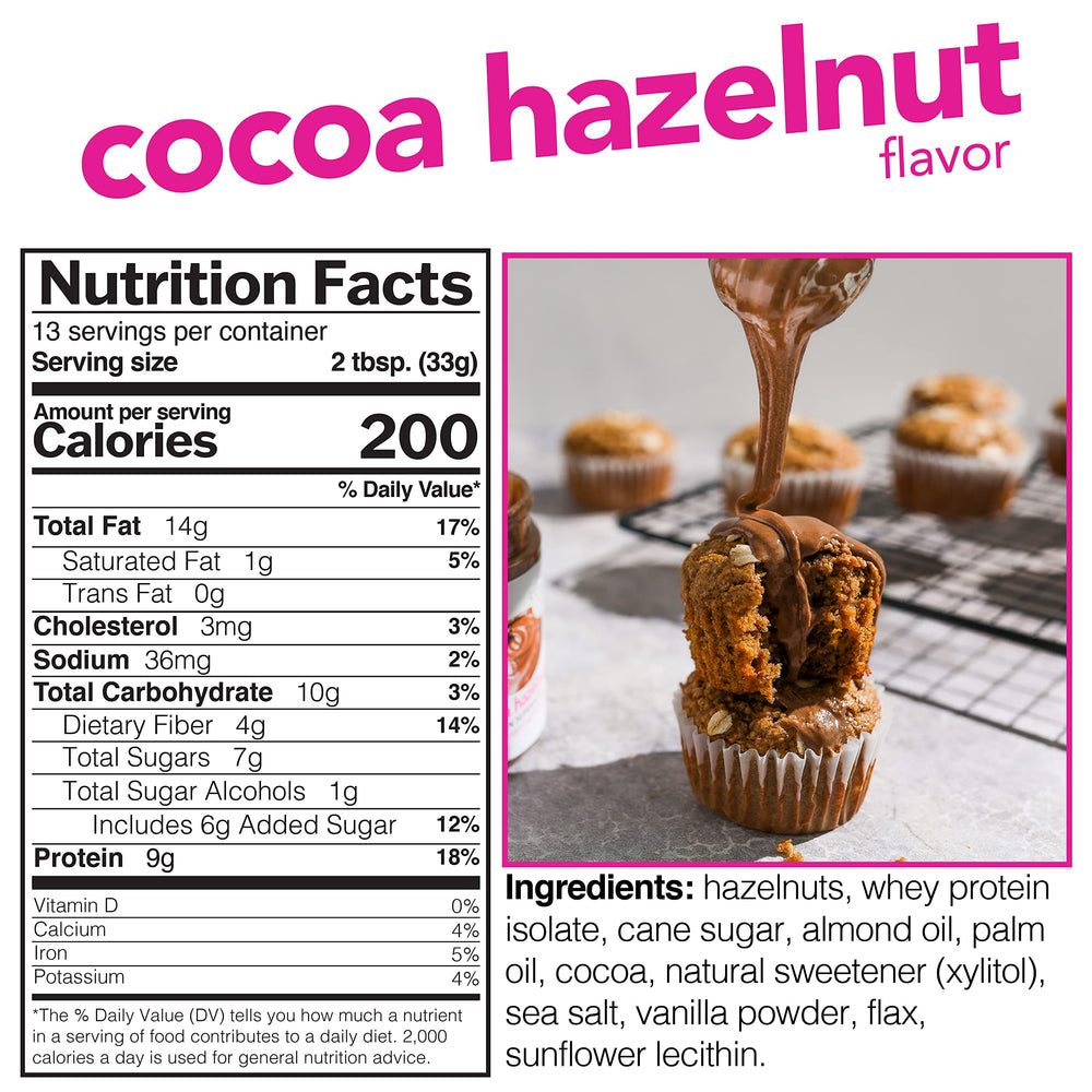 Nuts 'N More Cocoa Hazelnut Butter Spread spoon suggests versatile, convenient snacking.