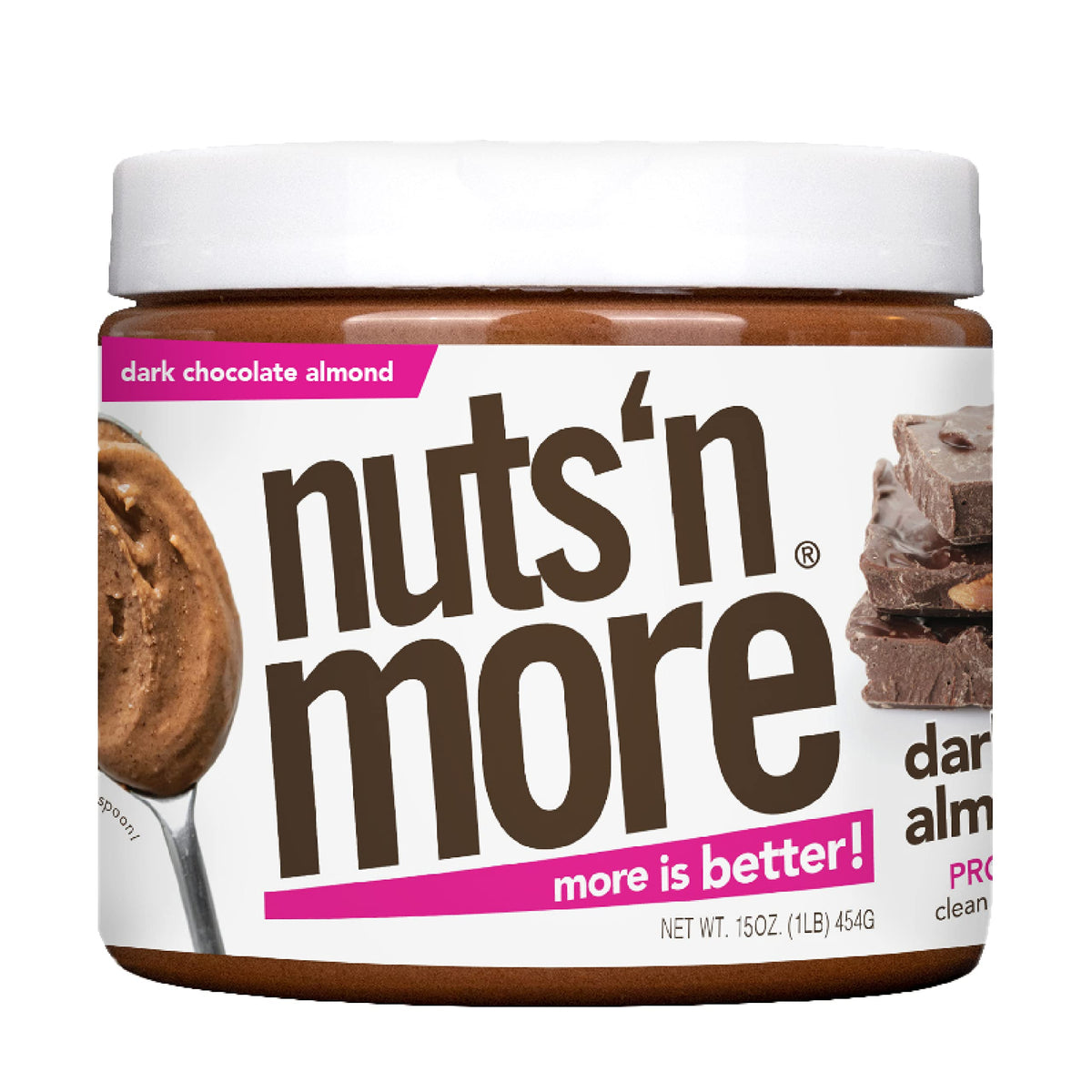 Nuts 'N More Dark Chocolate Almond Butter Spread jar close-up showing protein-rich flavor
