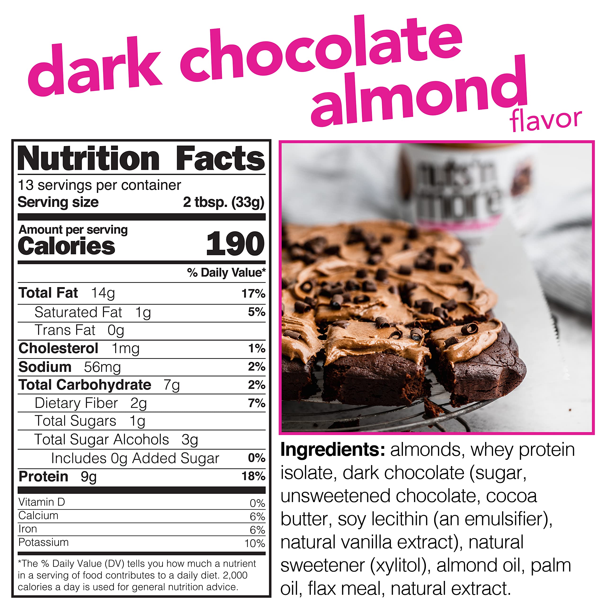 Nuts 'N More Dark Chocolate Almond Butter Spread label highlighting gluten-free and non-GMO