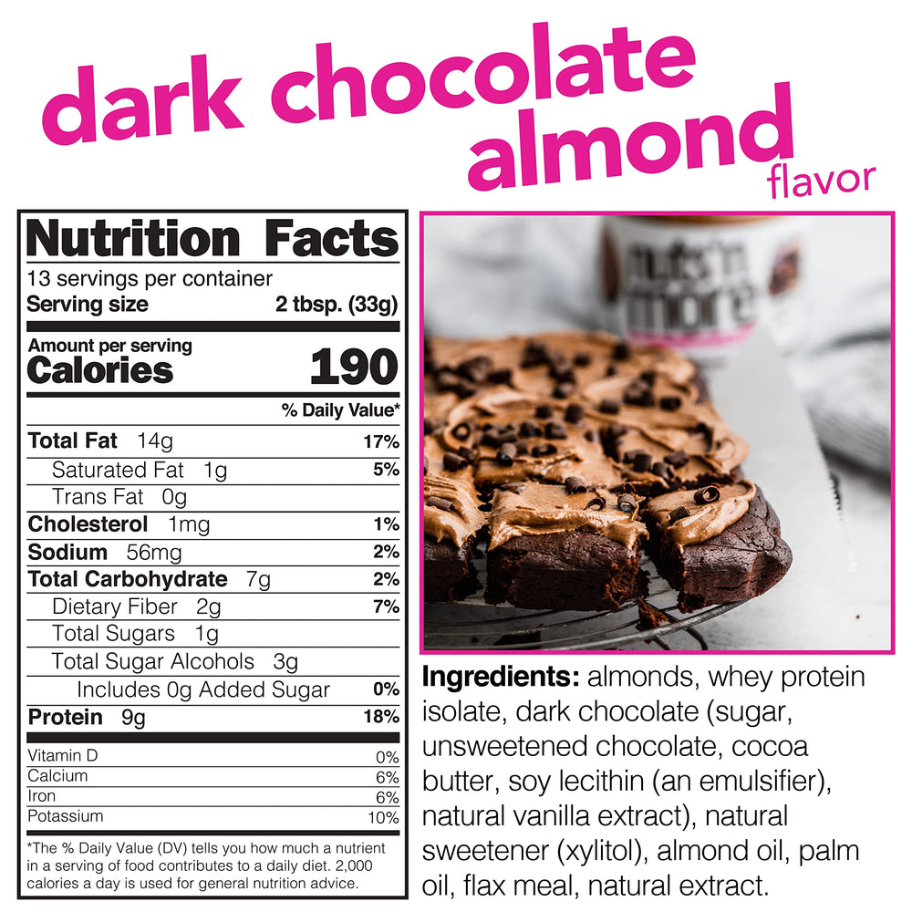 Nuts 'N More Dark Chocolate Almond Butter Spread label highlighting gluten-free and non-GMO