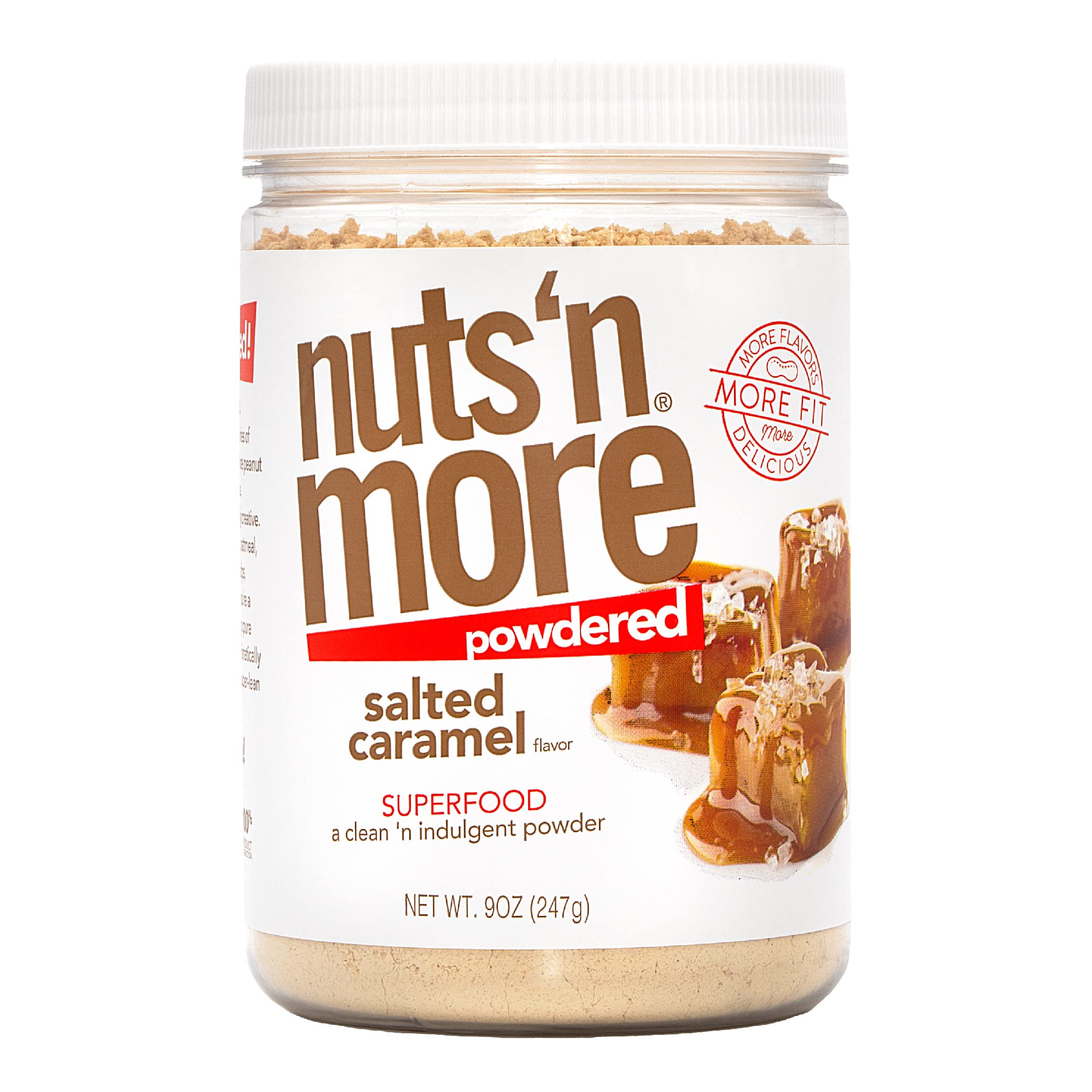 Nuts N More Salted Caramel Butter Powder jar for protein-packed snacking.