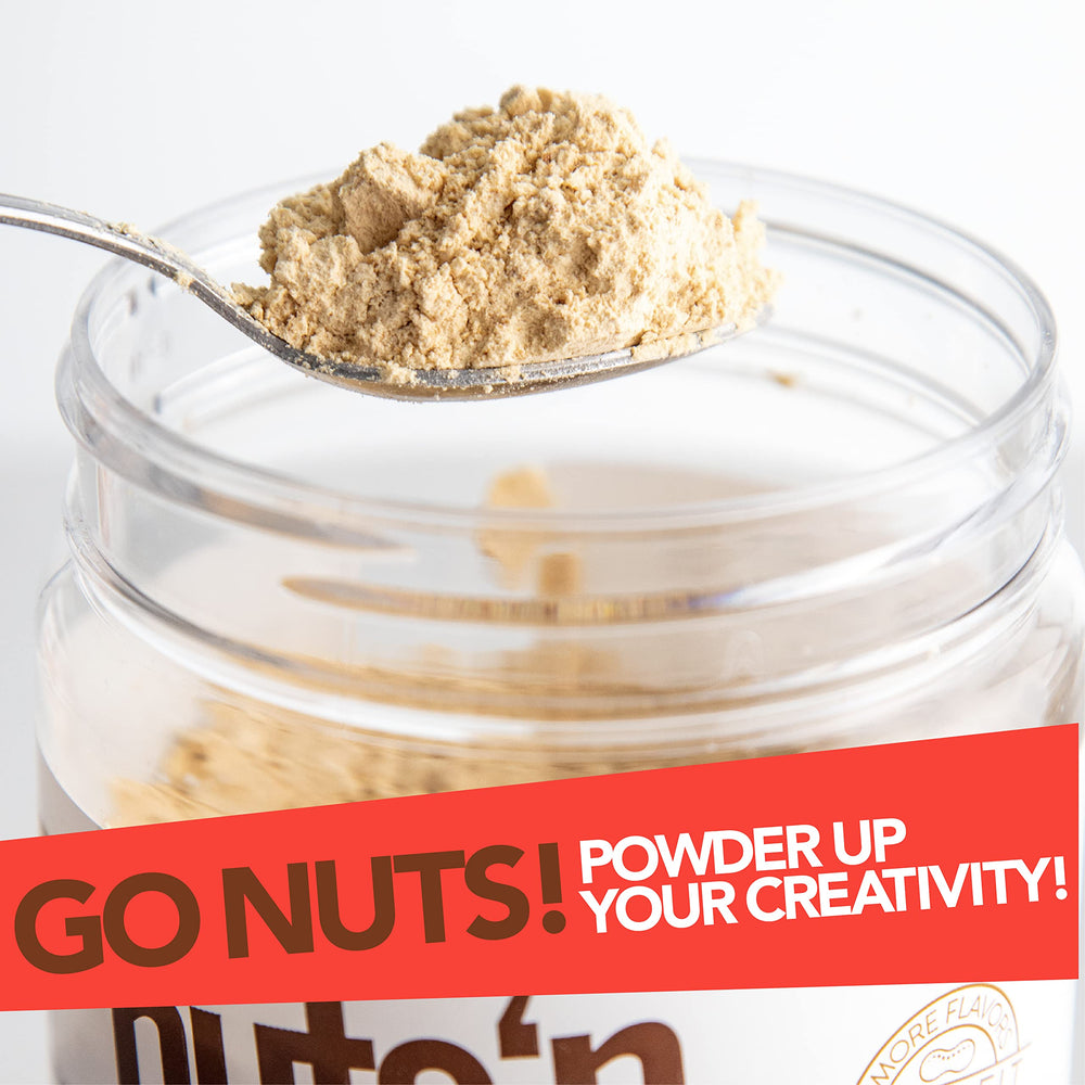 Nuts N More Salted Caramel Butter Powder packaging highlighting gluten-free, non-GMO ingredients.