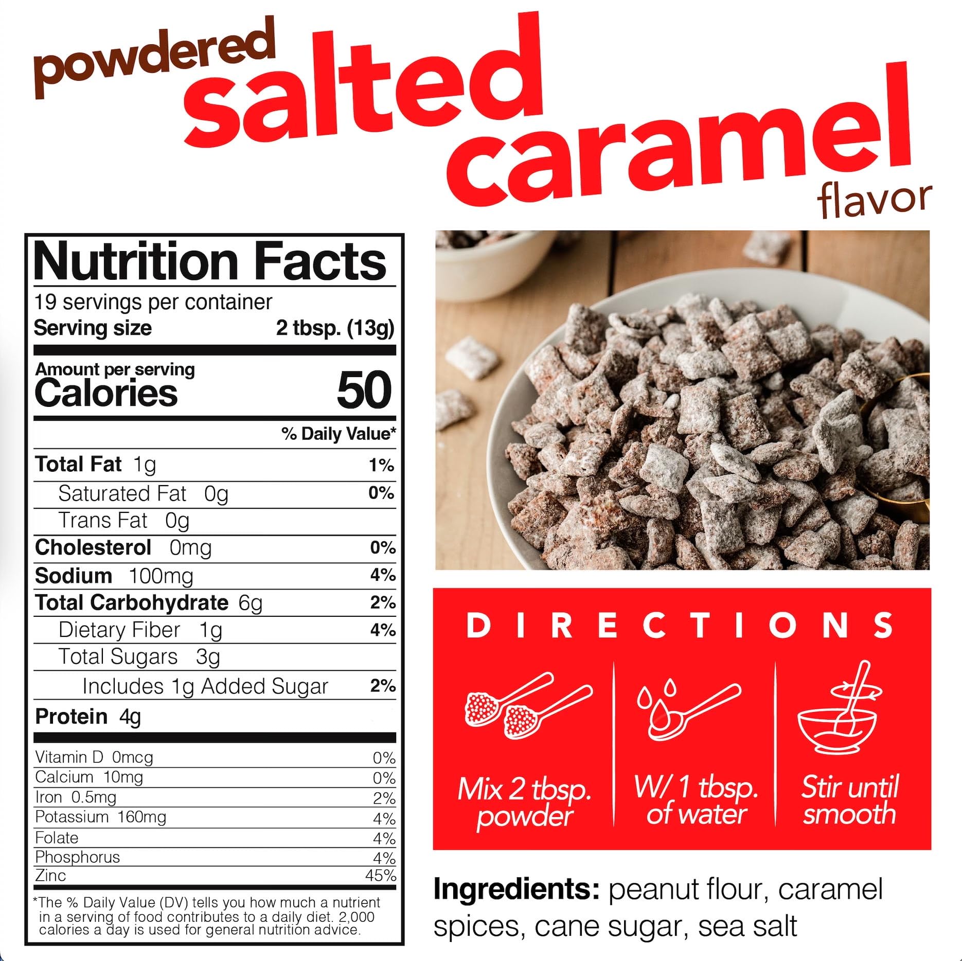 Nuts N More Salted Caramel Butter Powder spoon dipping for a convenient, versatility boost.
