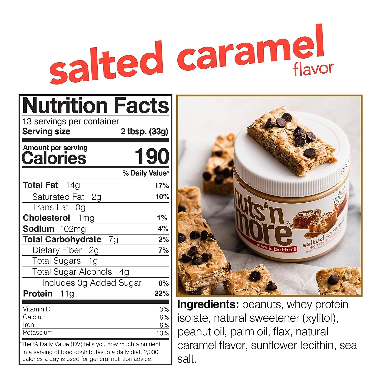 Nuts N More salted caramel peanut butter jar top view with glossy texture.