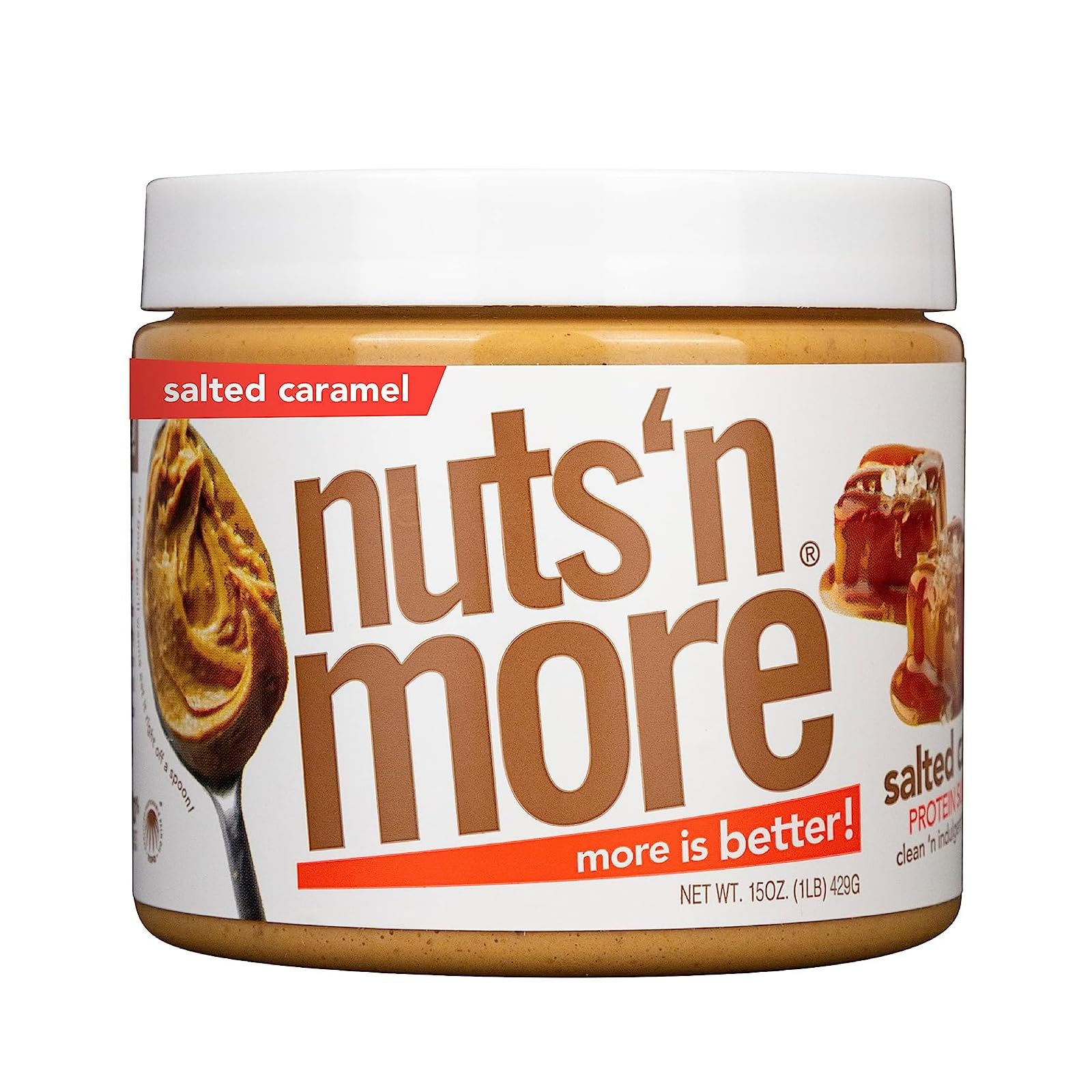 Nuts N More salted caramel peanut butter jar showing rich flavor and protein boost.
